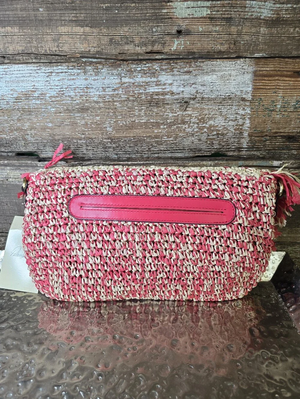 Patricia Nash Pink & Natural Raffia Fringe Clutch With Crossbody Strap, NWT